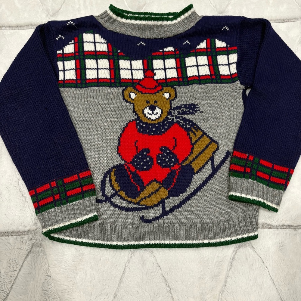 Little Funky Vintgae Kids Bear Sledding Sweater Blue 4t 90s Knit Cozy Cute